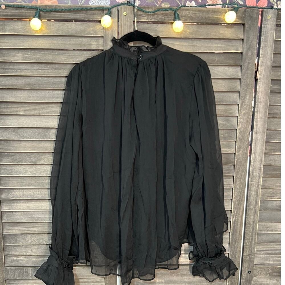 Ellison Black Tiered Ruffle Blouse NWT Medium Sheer Romantic Statement Top - Picture 3 of 8